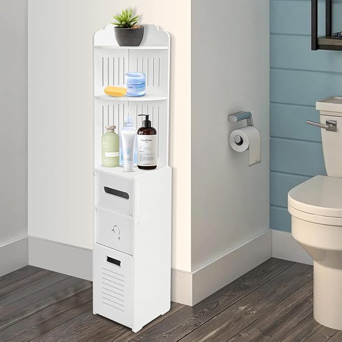 خزانة حمام نحيفة مع درج لورق المرحاض - خزانة زاوية عصرية ورفوف تخزين للحمام، غرفة المعيشة، المطبخ والممر (22 × 20 × 120 سم)