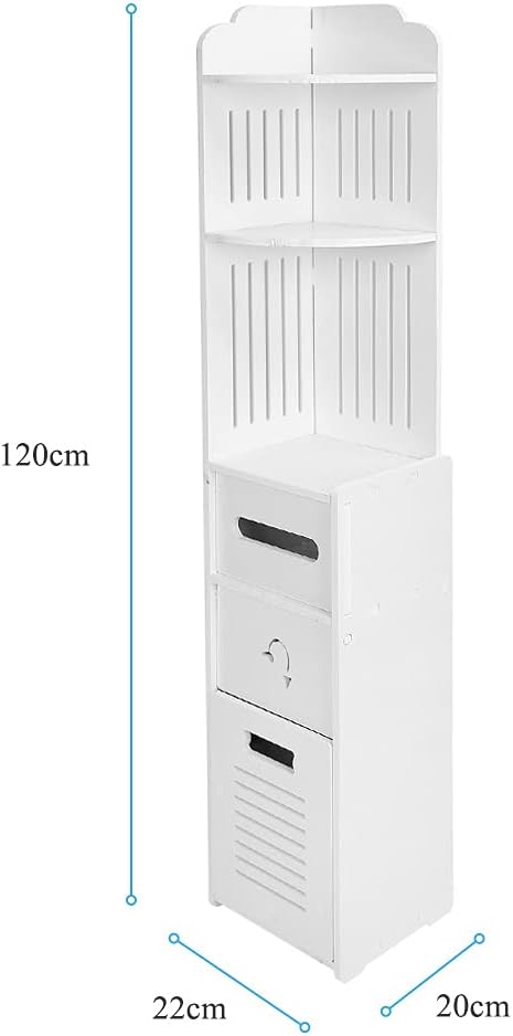 خزانة حمام نحيفة مع درج لورق المرحاض - خزانة زاوية عصرية ورفوف تخزين للحمام، غرفة المعيشة، المطبخ والممر (22 × 20 × 120 سم)