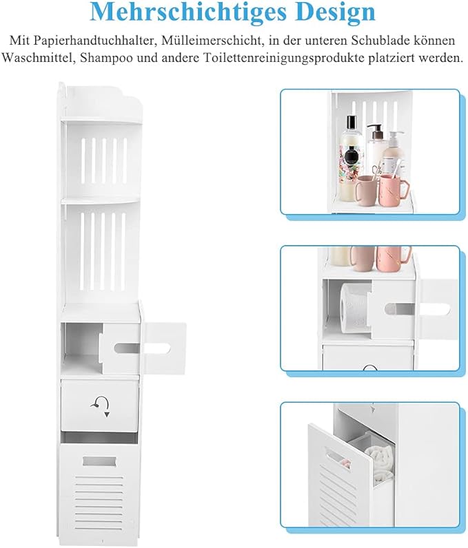 خزانة حمام نحيفة مع درج لورق المرحاض - خزانة زاوية عصرية ورفوف تخزين للحمام، غرفة المعيشة، المطبخ والممر (22 × 20 × 120 سم)