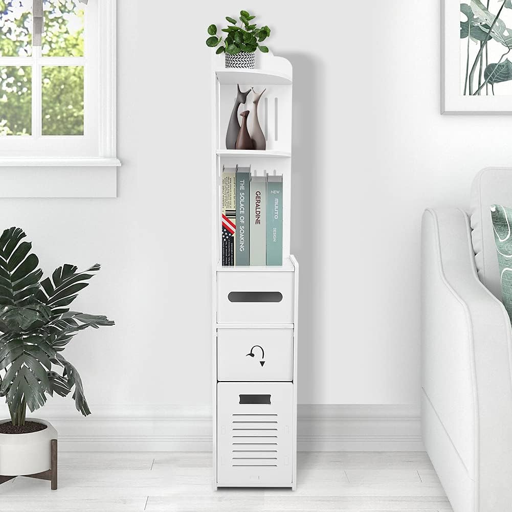 خزانة حمام نحيفة مع درج لورق المرحاض - خزانة زاوية عصرية ورفوف تخزين للحمام، غرفة المعيشة، المطبخ والممر (22 × 20 × 120 سم)