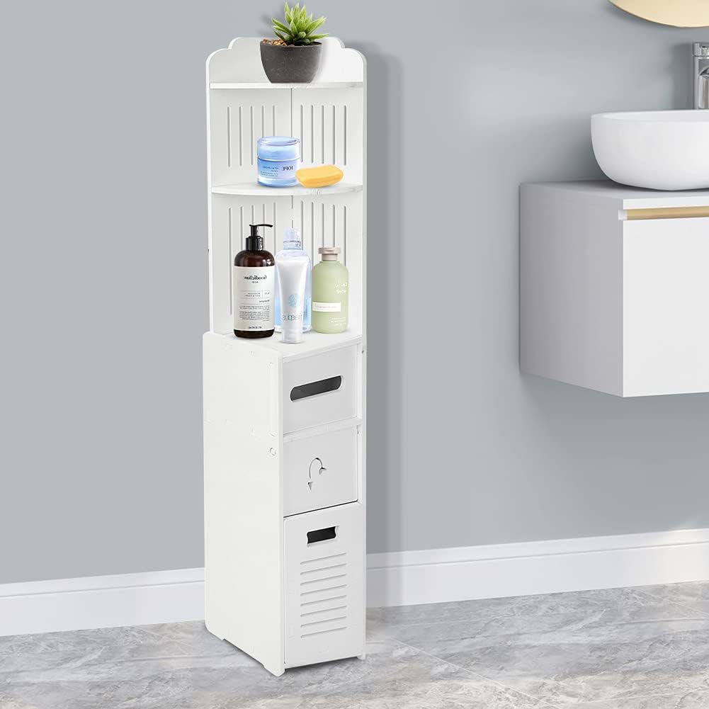 خزانة حمام نحيفة مع درج لورق المرحاض - خزانة زاوية عصرية ورفوف تخزين للحمام، غرفة المعيشة، المطبخ والممر (22 × 20 × 120 سم)