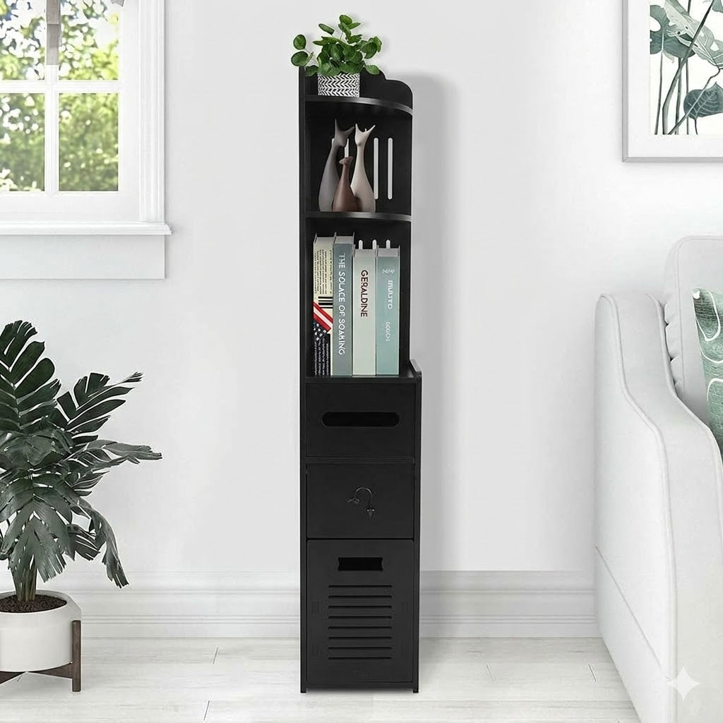 خزانة حمام نحيفة مع درج لورق المرحاض - خزانة زاوية عصرية ورفوف تخزين للحمام، غرفة المعيشة، المطبخ والممر (22 × 20 × 120 سم)